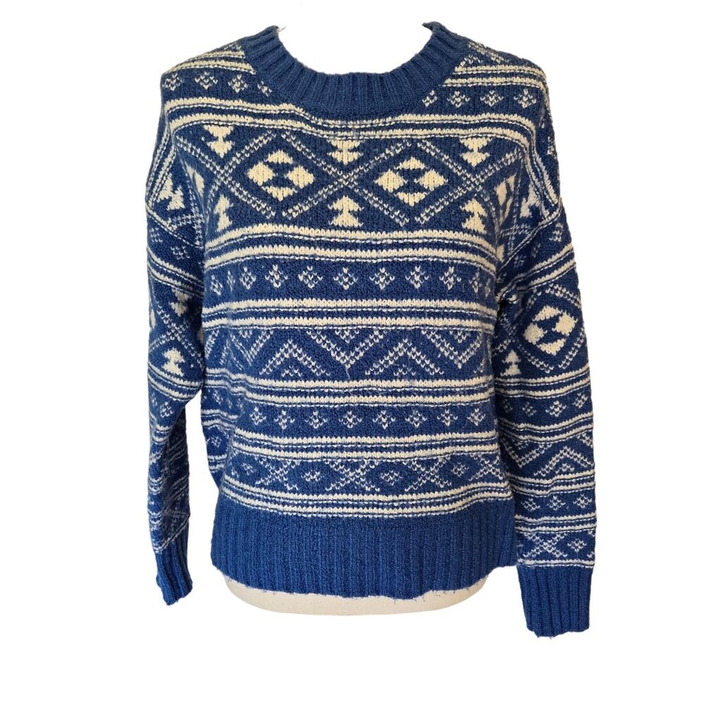 American Eagle Christmas Holiday WInter Knit Blue & White Sweater Women's Small
